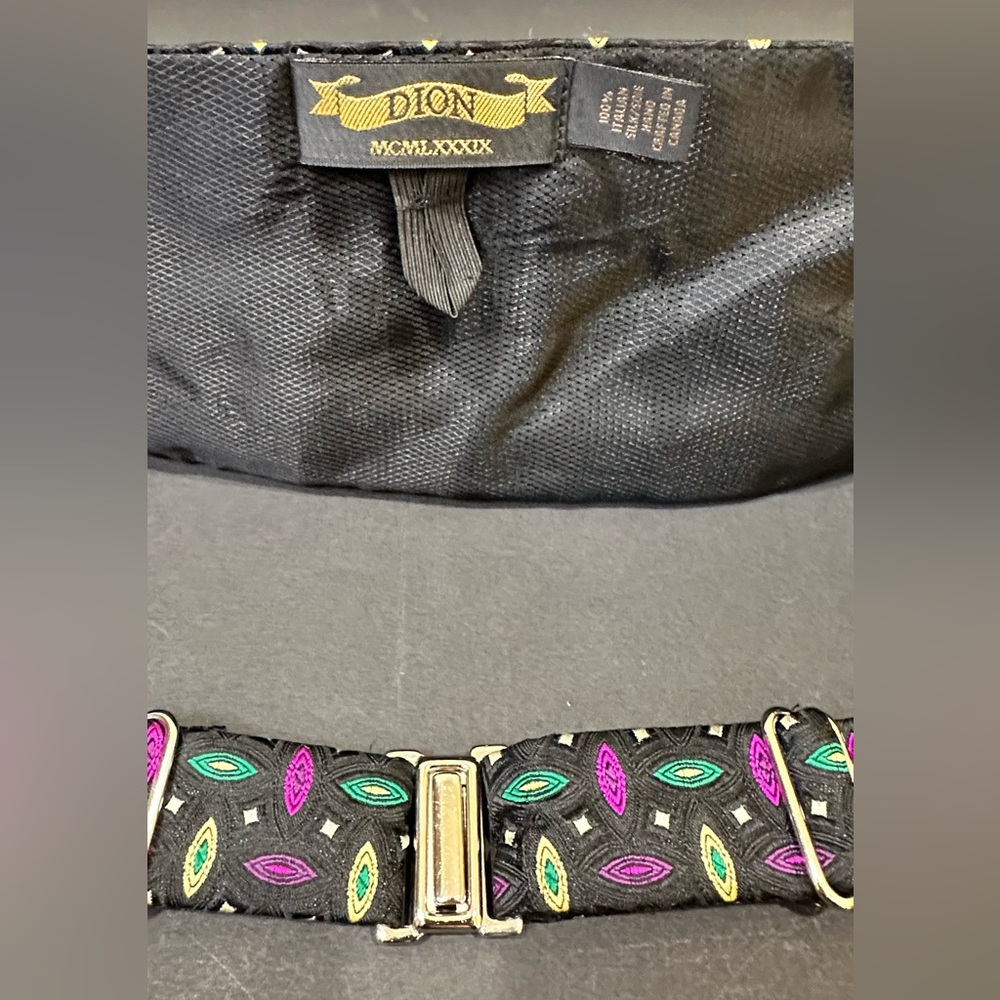 🌟HP🌟VTG 1990s Dion 1967 Mardi Gras Black Multi Silk Cummerbund & Bow Tie Set - Picture 6 of 11
